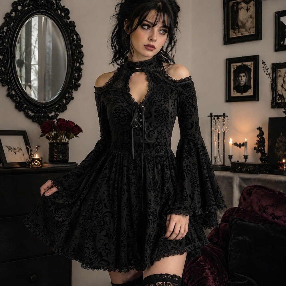 Killstar Black Flocked Damask Gothic Mini Dress Bell Sleeve Cold Shoulder 4XL